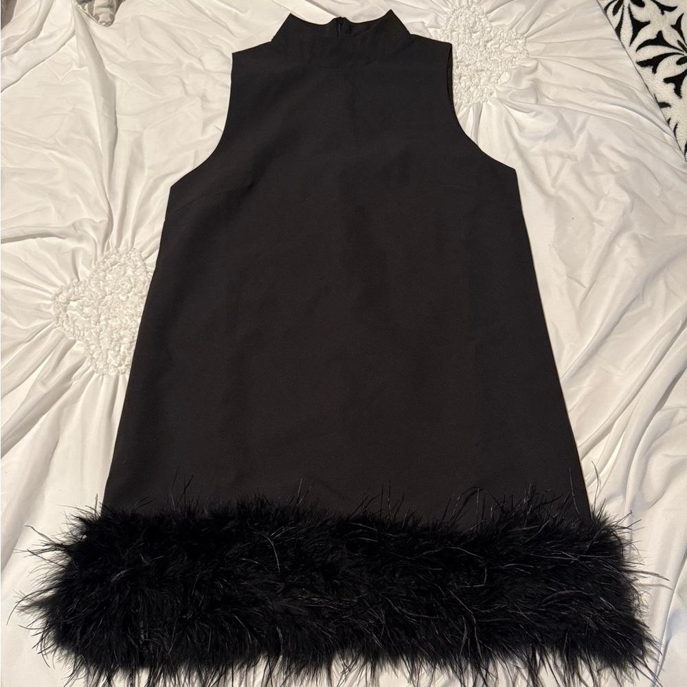 Black Feather Trim Mini Dress Size S NWT